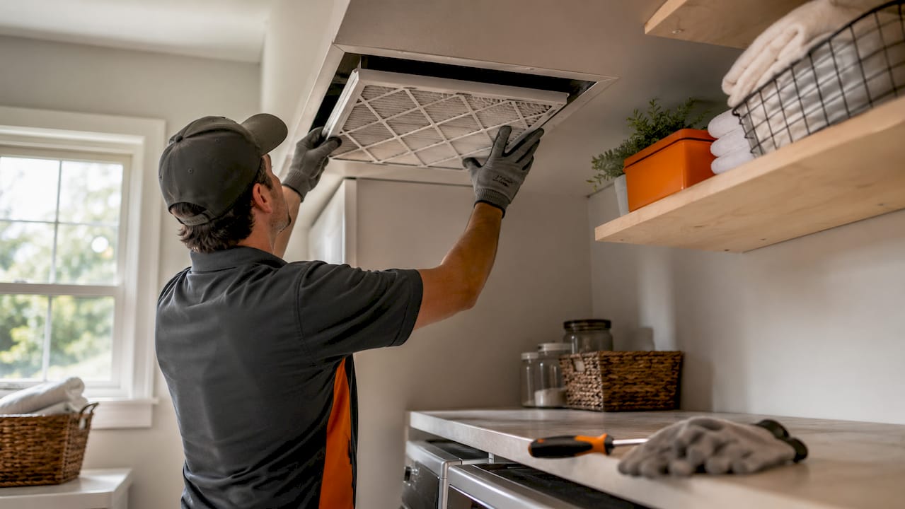 Hands replacing clogged HVAC air filter