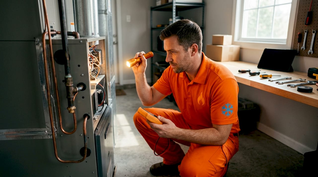 Technician inspecting furnace and AC combo system
