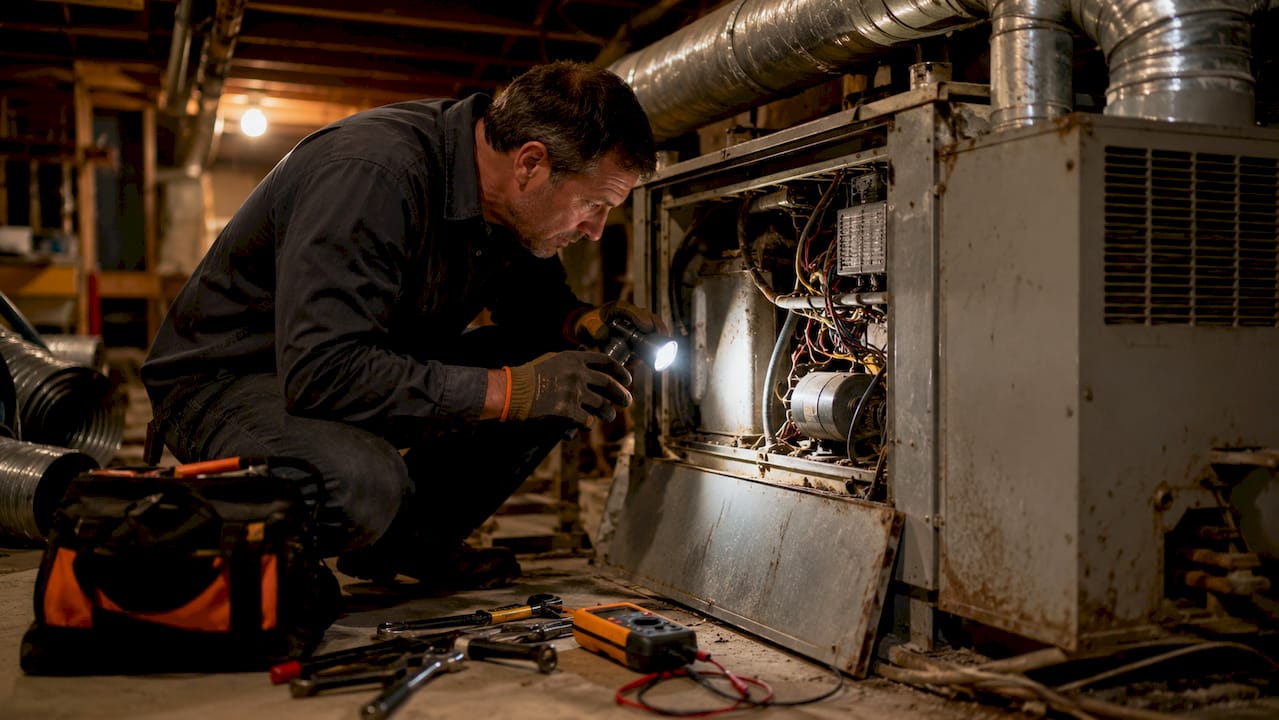 Technician inspecting vintage furnace AC unit