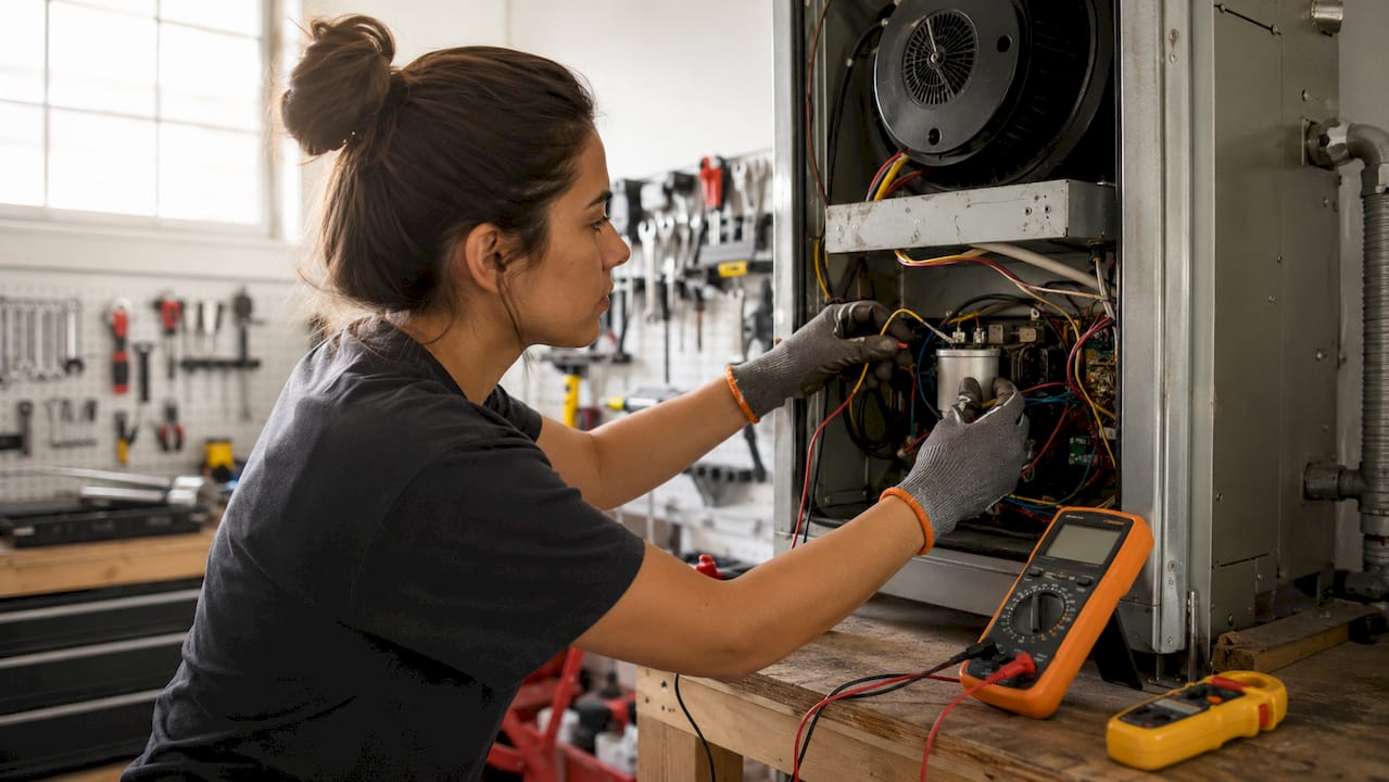 Hands discharging capacitor safely in HVAC unit
