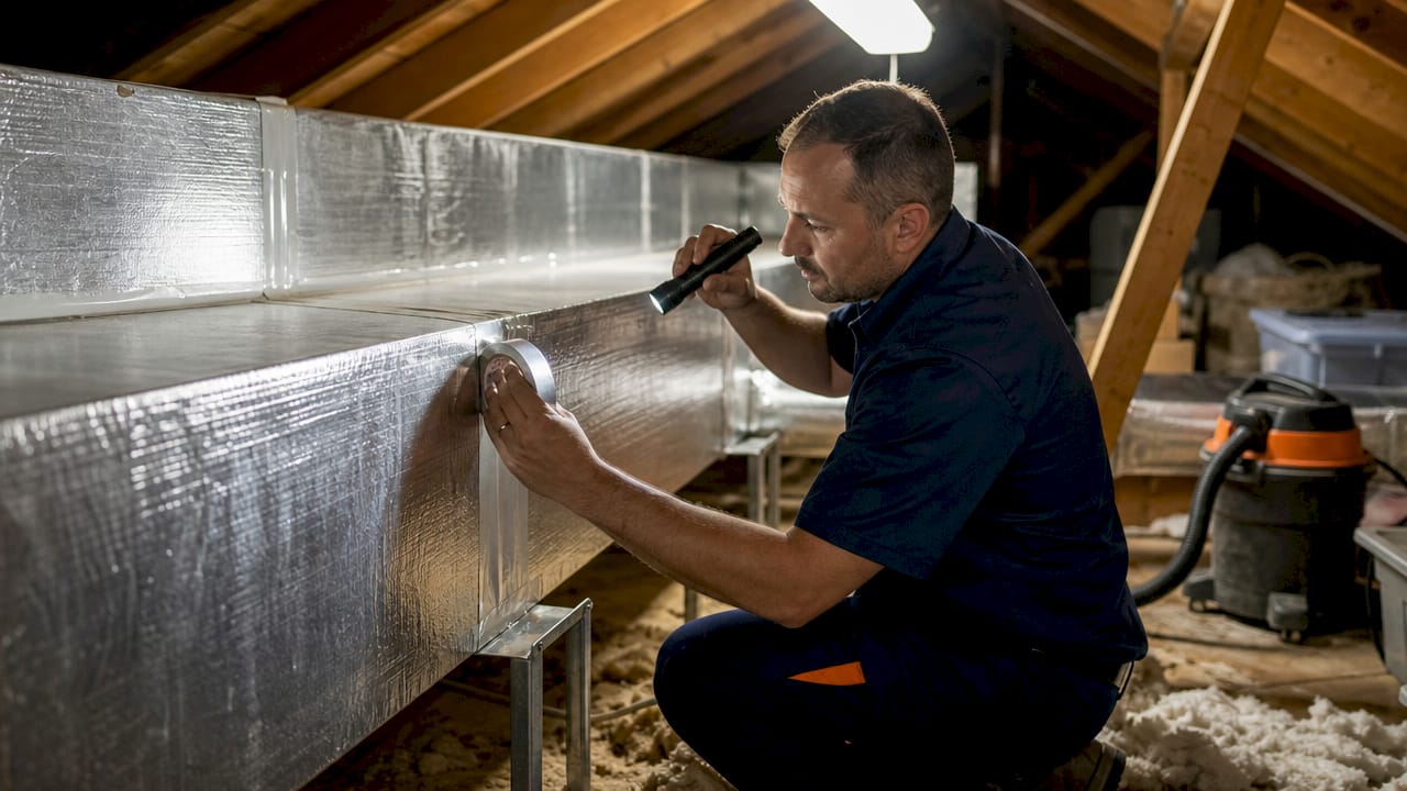 Technician sealing HVAC plenum in basement