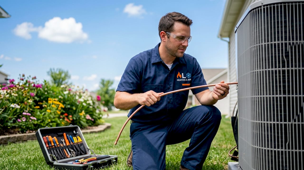 Technician handling HVAC copper lines outdoors