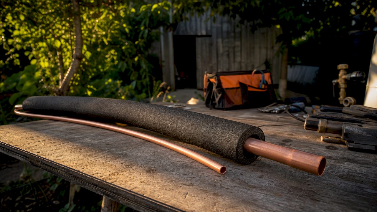 Close-up of insulated and bare HVAC copper tubes