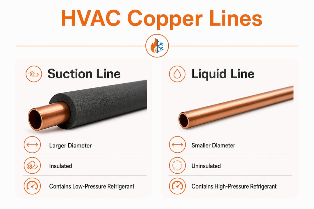 Infographic comparing suction and liquid HVAC copper lines