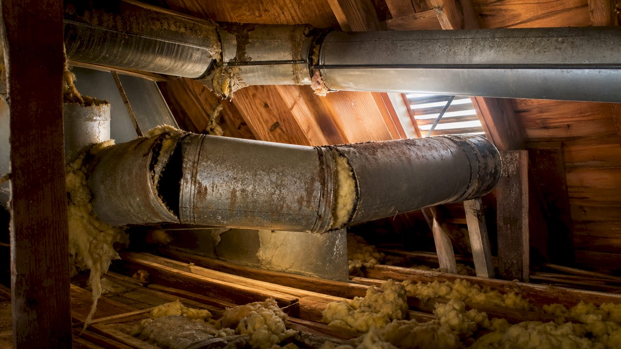 Ductwork with gaps and insulation issues in attic