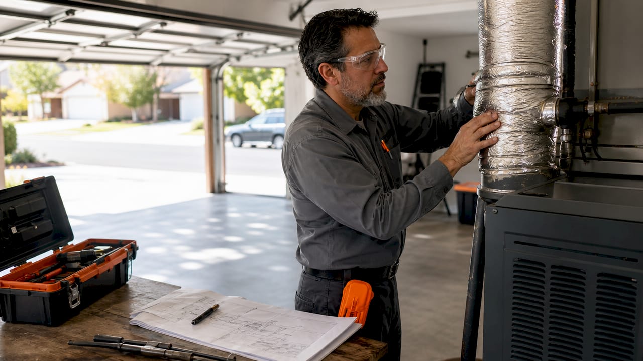 HVAC technician inspecting attic ductwork