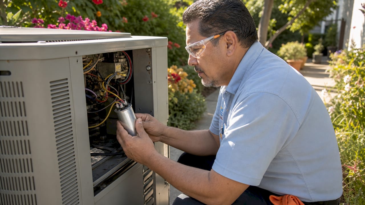 Man inspecting HVAC capacitor in backyard