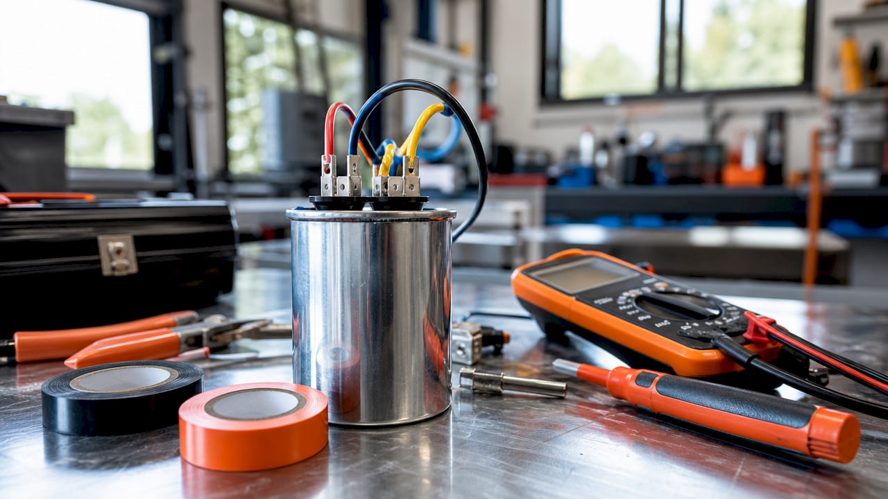 Close-up HVAC capacitor and electrical tools