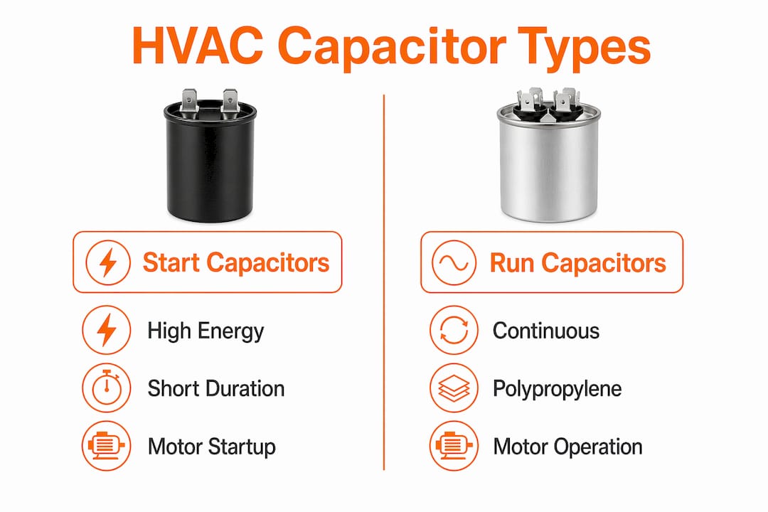Infographic comparing start and run capacitor types