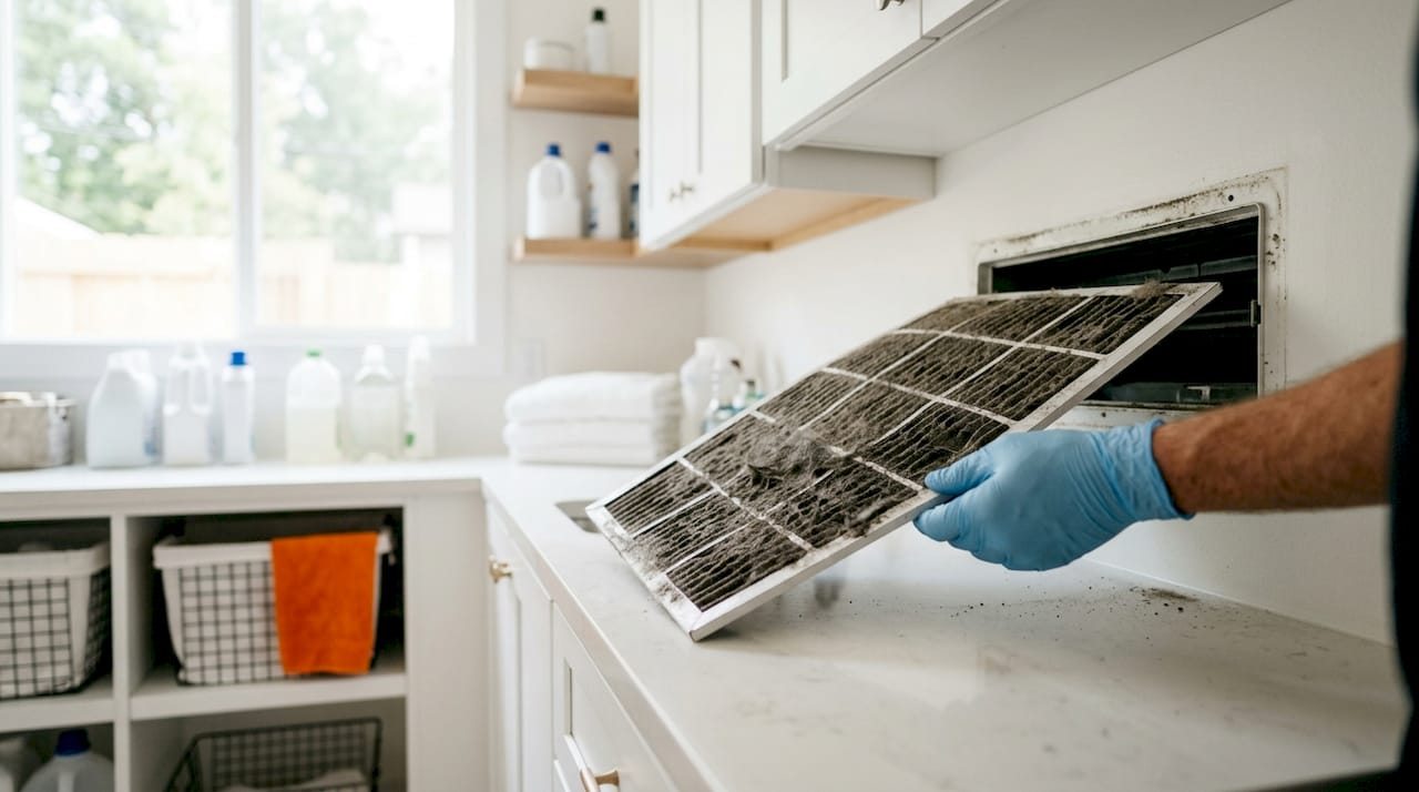 Hands removing clogged AC air filter