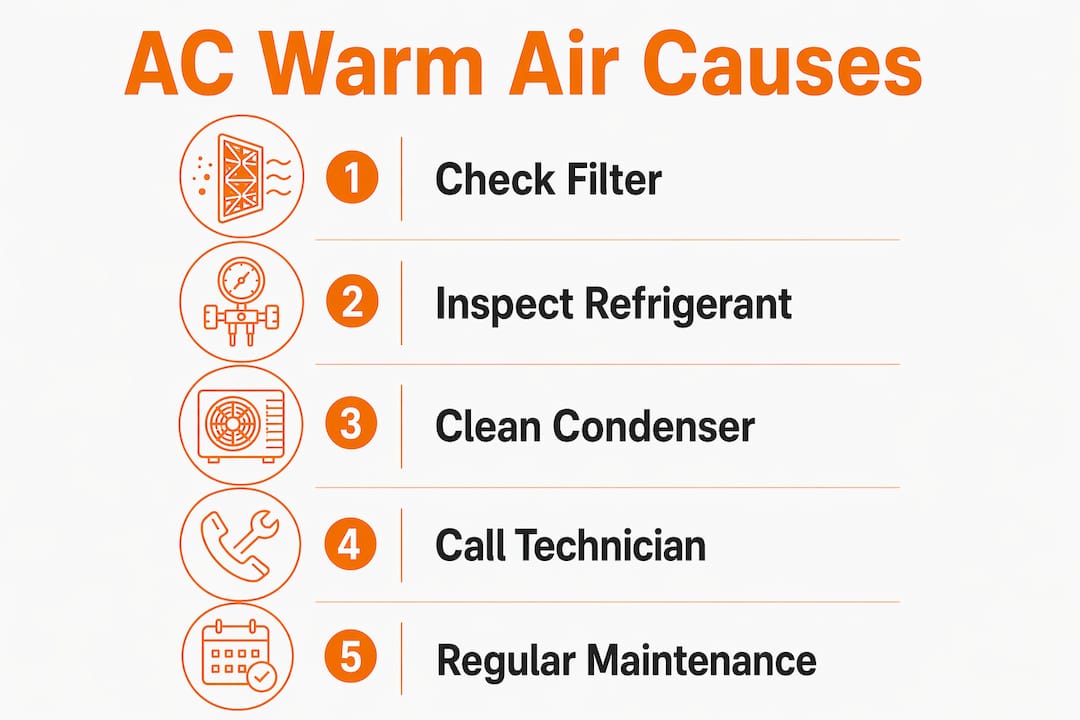 Infographic showing causes and fixes for AC warm air issue