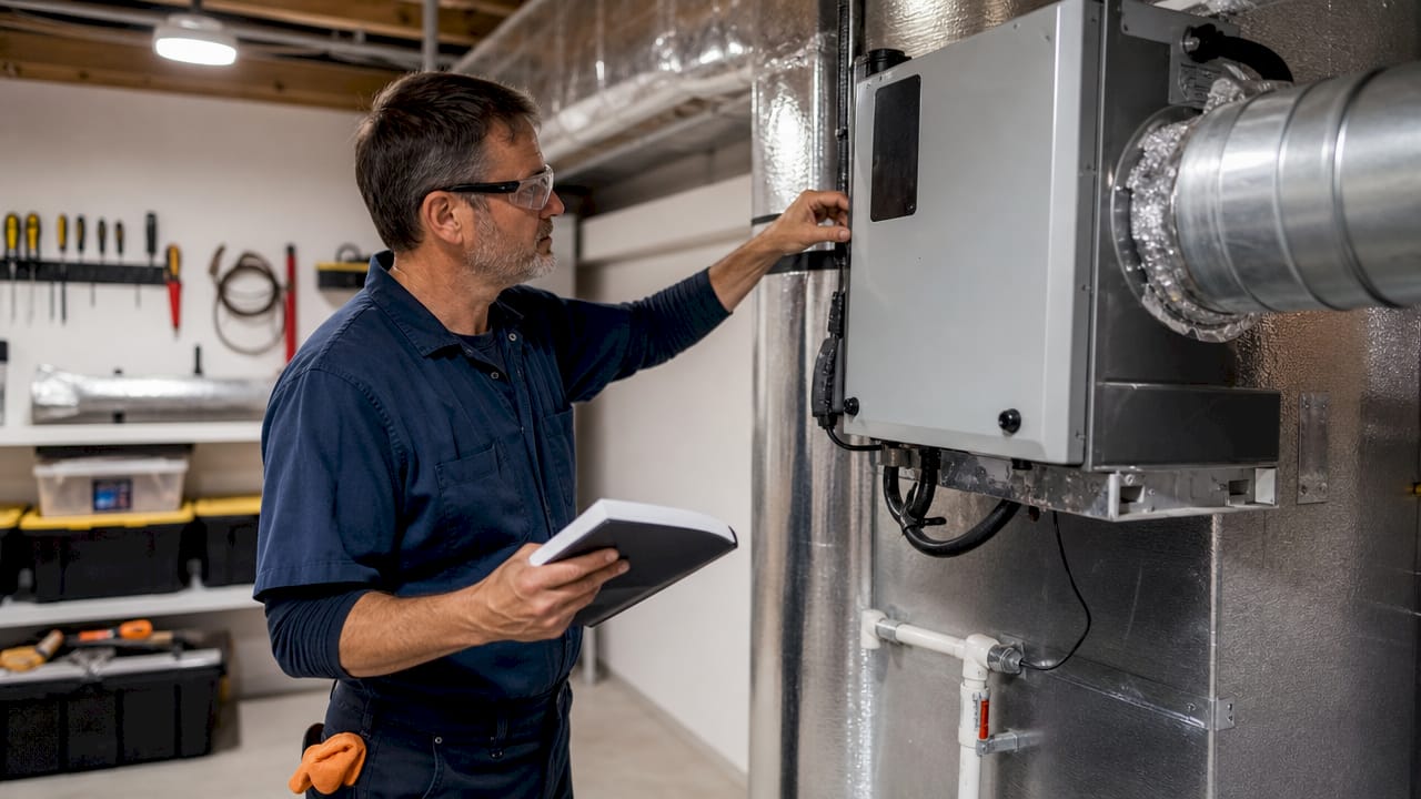 Technician inspecting indoor dehumidifier unit