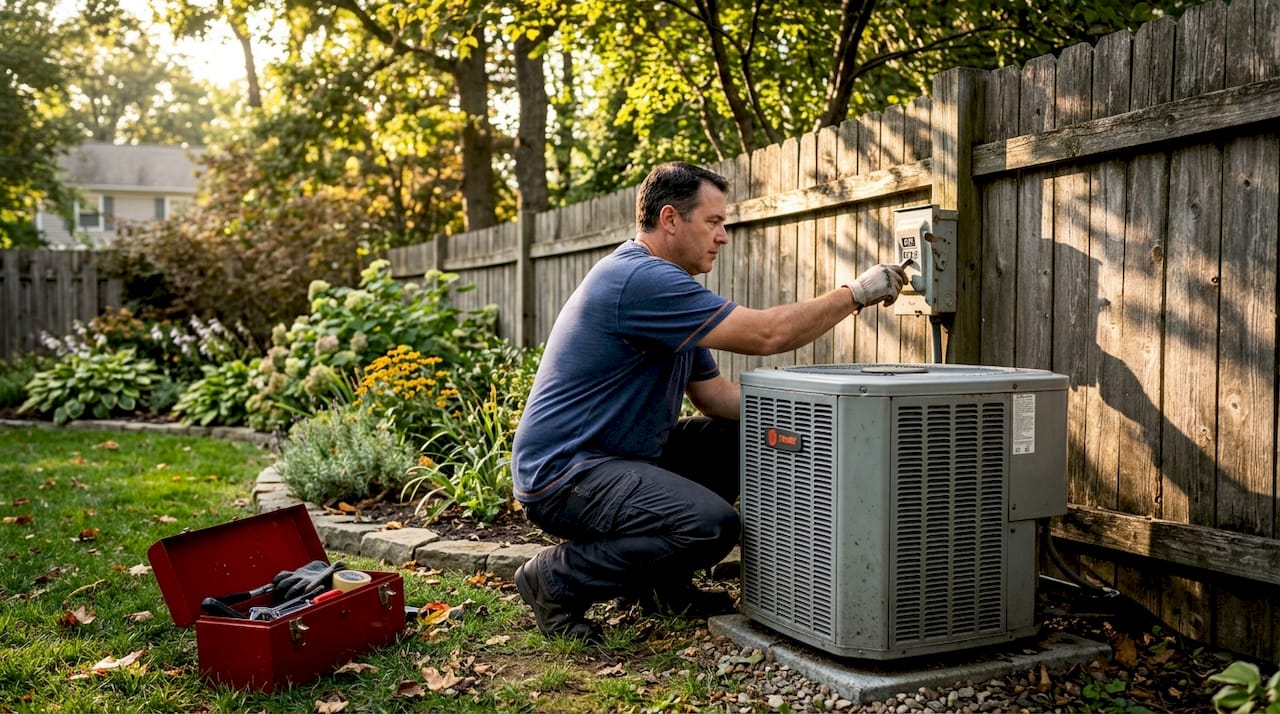 Hands turning off outdoor AC power disconnect switch