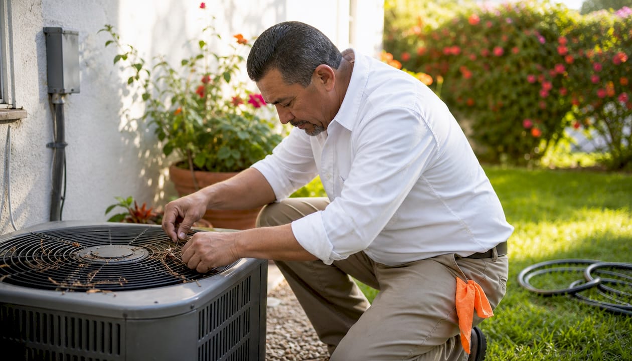 Man cleaning AC condenser fan outdoors carefully