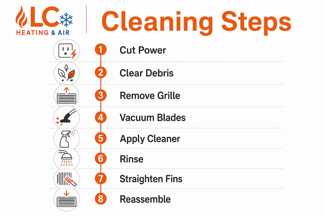 Infographic showing step-by-step AC condenser fan cleaning process