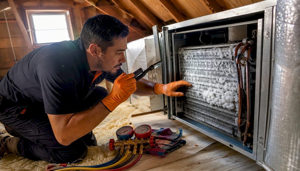 Technician inspecting ice on evaporator coil