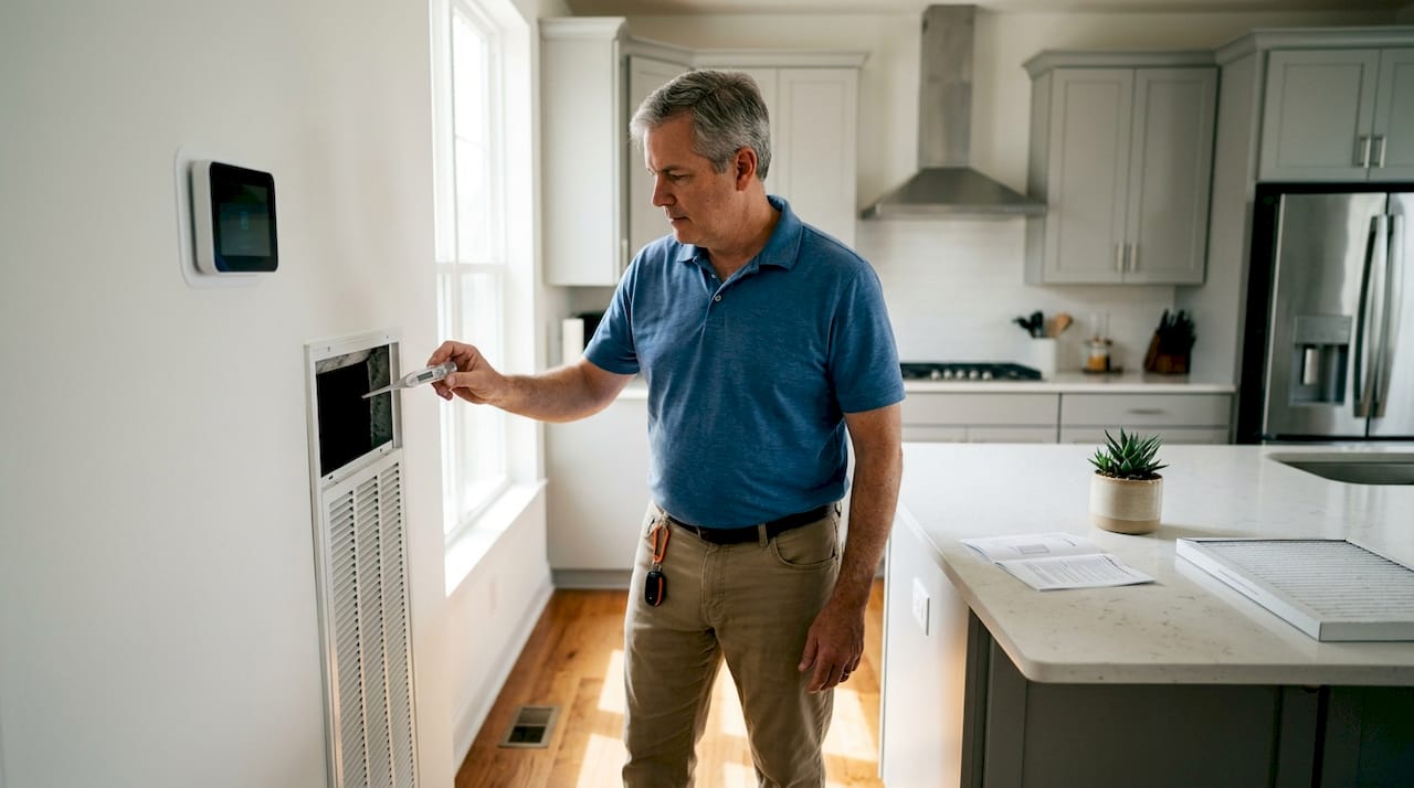 Homeowner testing AC temperature with thermometer