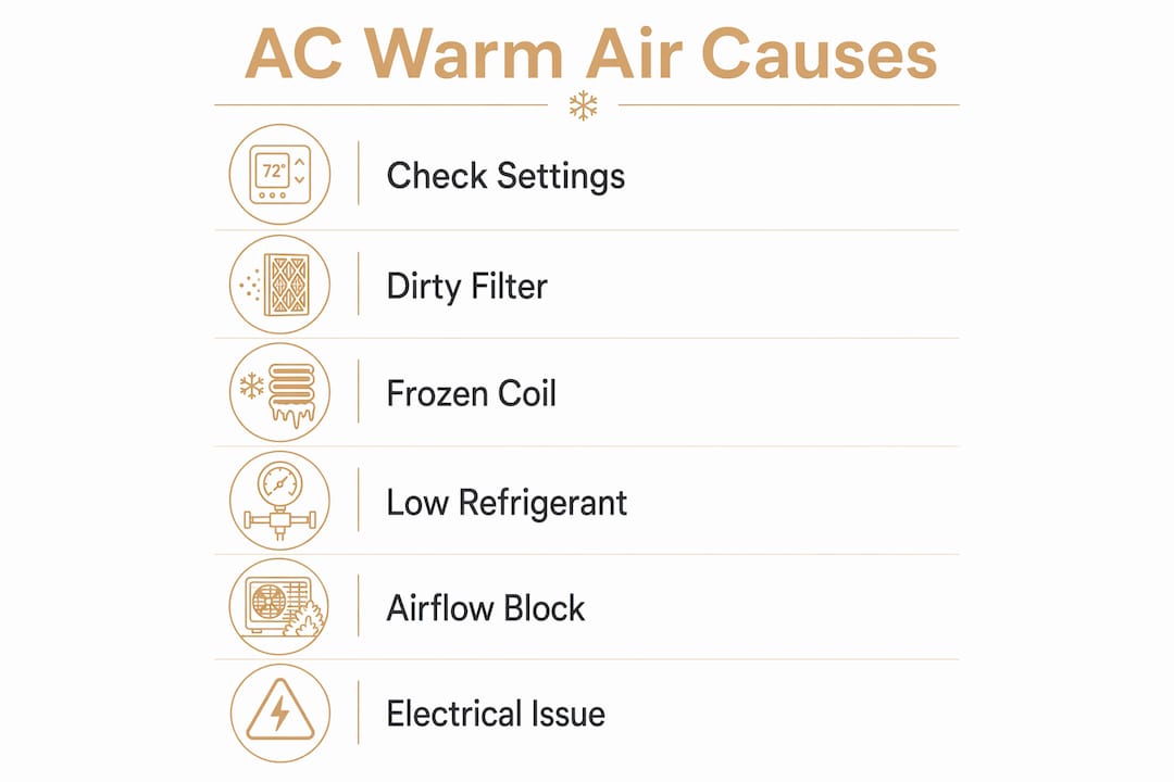 Why Your AC Blows Warm Air: Causes and Fixes why ac blows warm air why ac blows warm air 1783151093122 Infographic showing common causes of AC blowing warm air Infographic showing common causes of AC blowing warm air