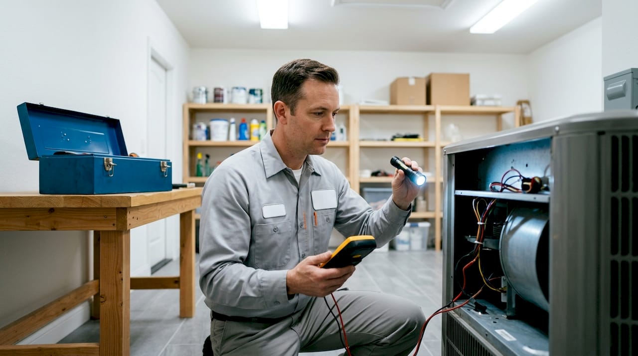 HVAC technician inspecting home air handler