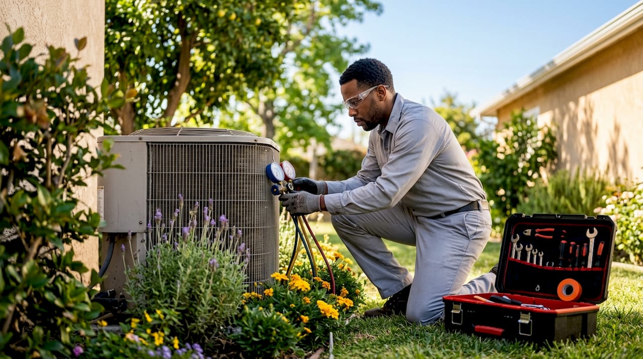Technician diagnosing outdoor AC unit with gauge