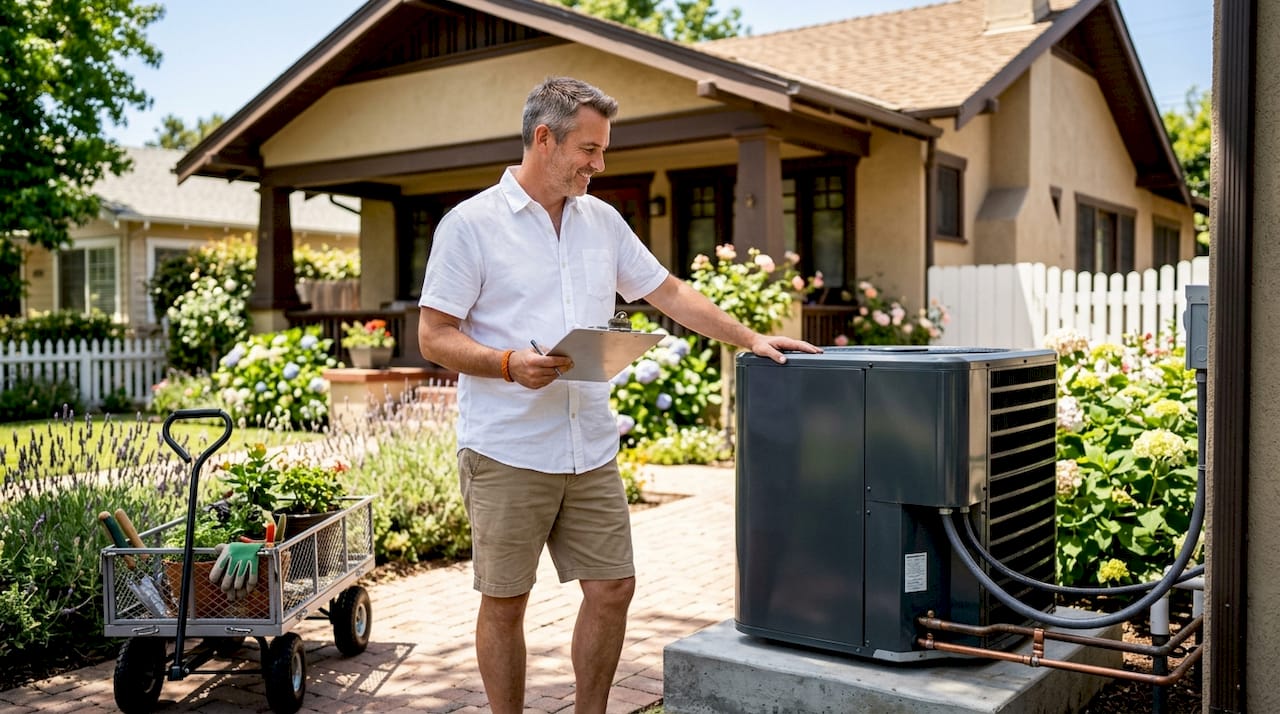 Homeowner inspecting new outdoor AC unit