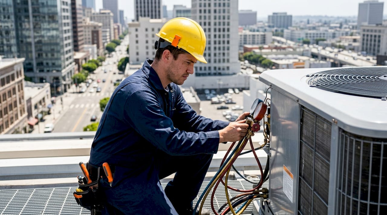Technician inspecting high-rise rooftop AC unit