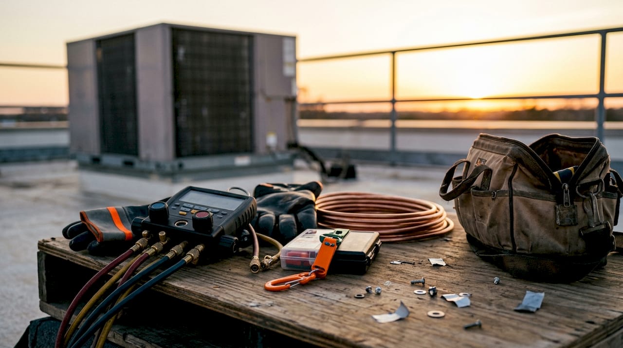 Rooftop AC repair tools and safety gear