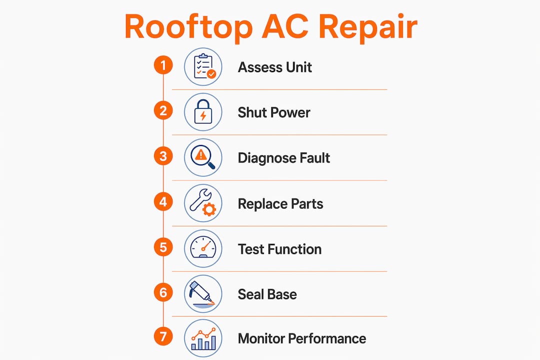 Infographic illustrating rooftop AC repair steps