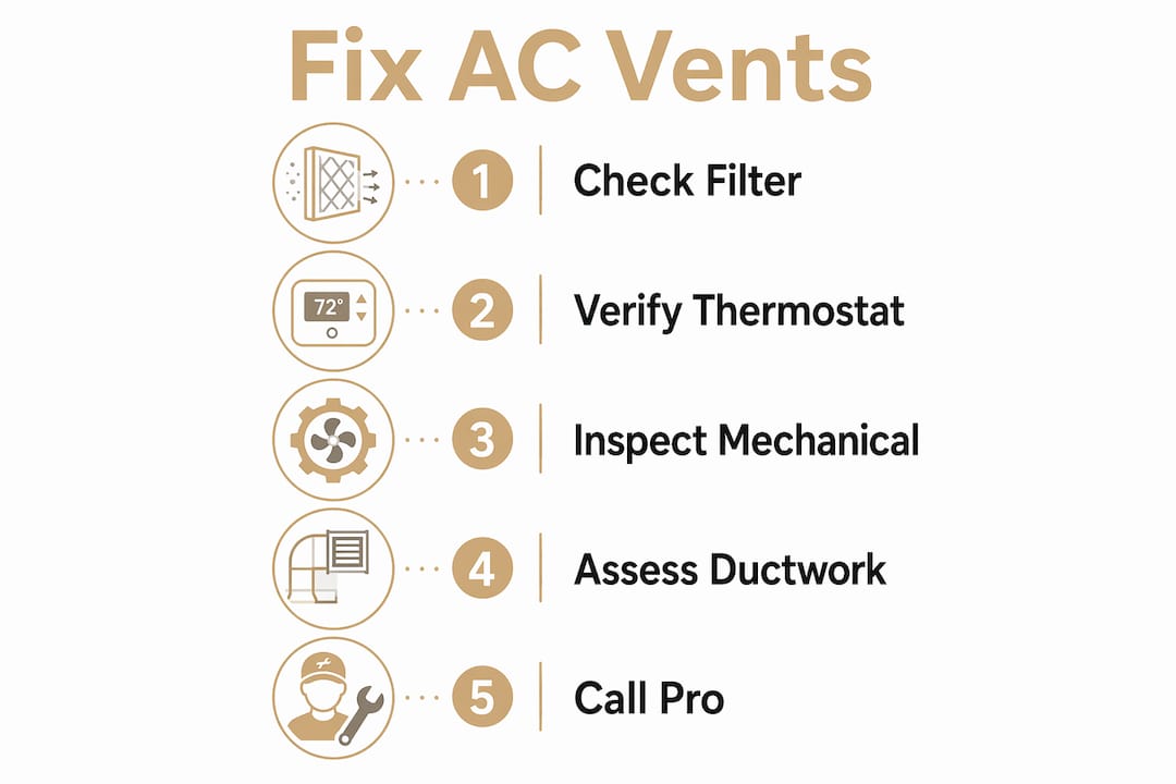 Why AC Vents Not Cooling? Fix It Fast why ac vents not cooling why ac vents not cooling 1783415240555 Infographic listing steps to fix AC vent cooling issues Infographic listing steps to fix AC vent cooling issues
