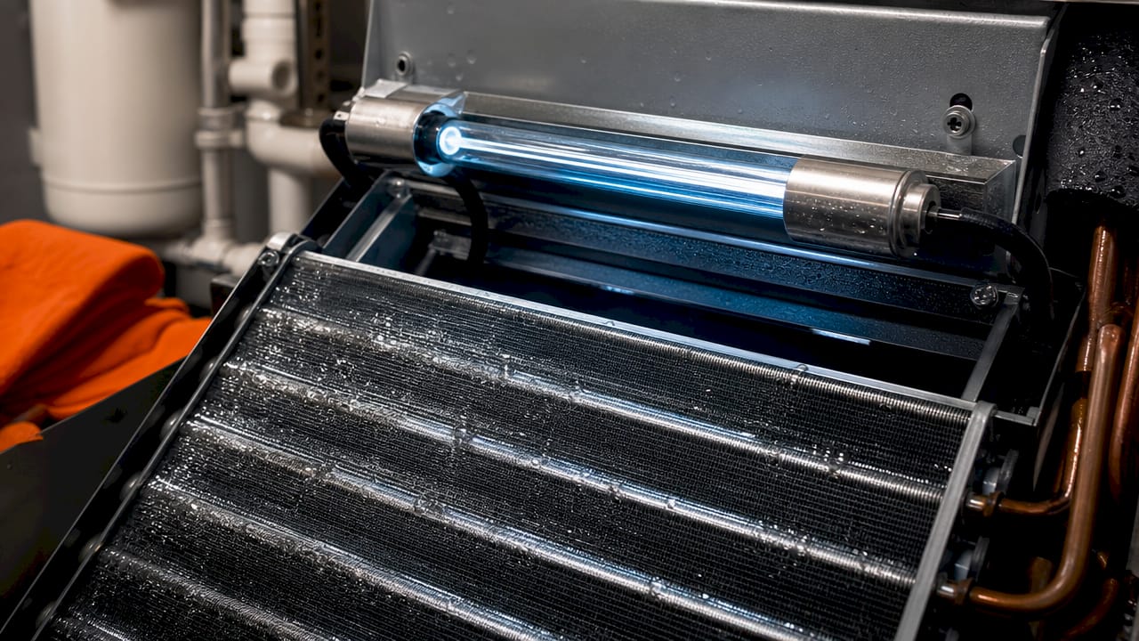 Close-up of coil-sanitizing UV light installed on HVAC coil