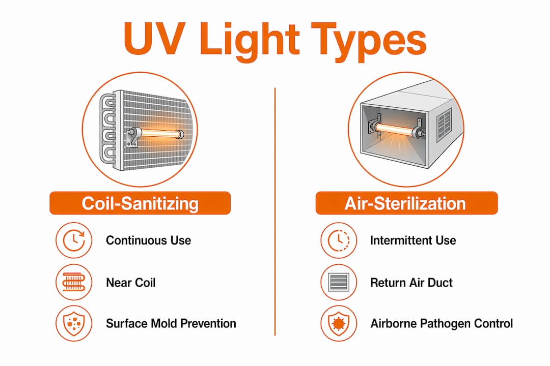 Infographic comparing coil-sanitizing and air-sterilization UV light types