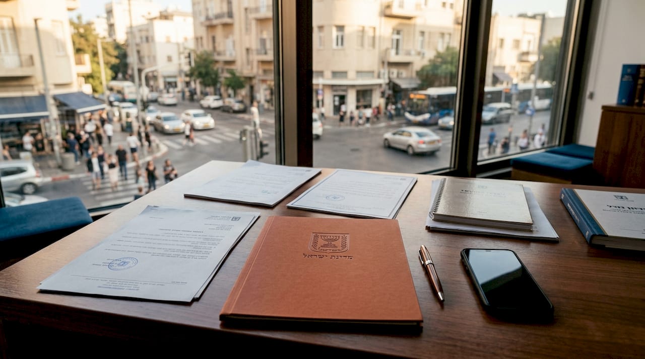 Desk with Israeli corporate legal documents and office view