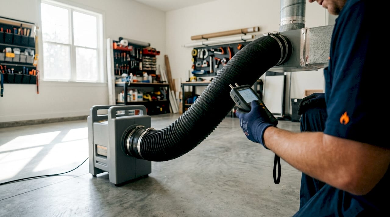 Close-up of duct blaster testing HVAC ducts