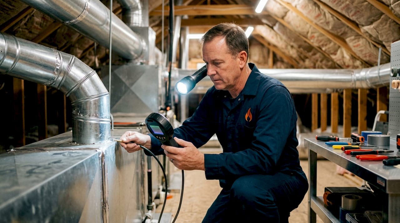 HVAC technician inspecting attic ductwork
