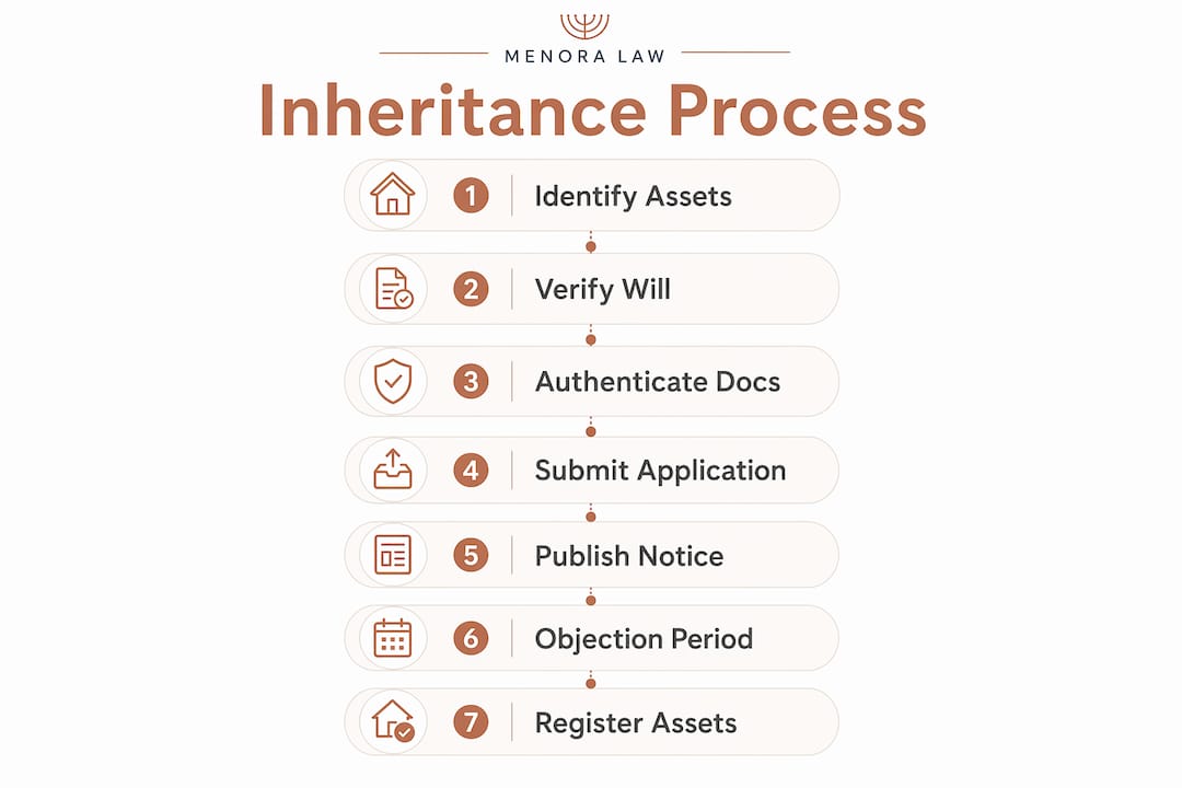 International Heir Israeli Asset Claim: Your 2026 Guide 3 Infographic showing Israeli inheritance step-by-step process