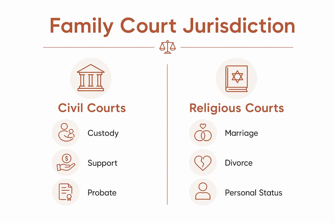 Infographic comparing civil and religious court jurisdictions
