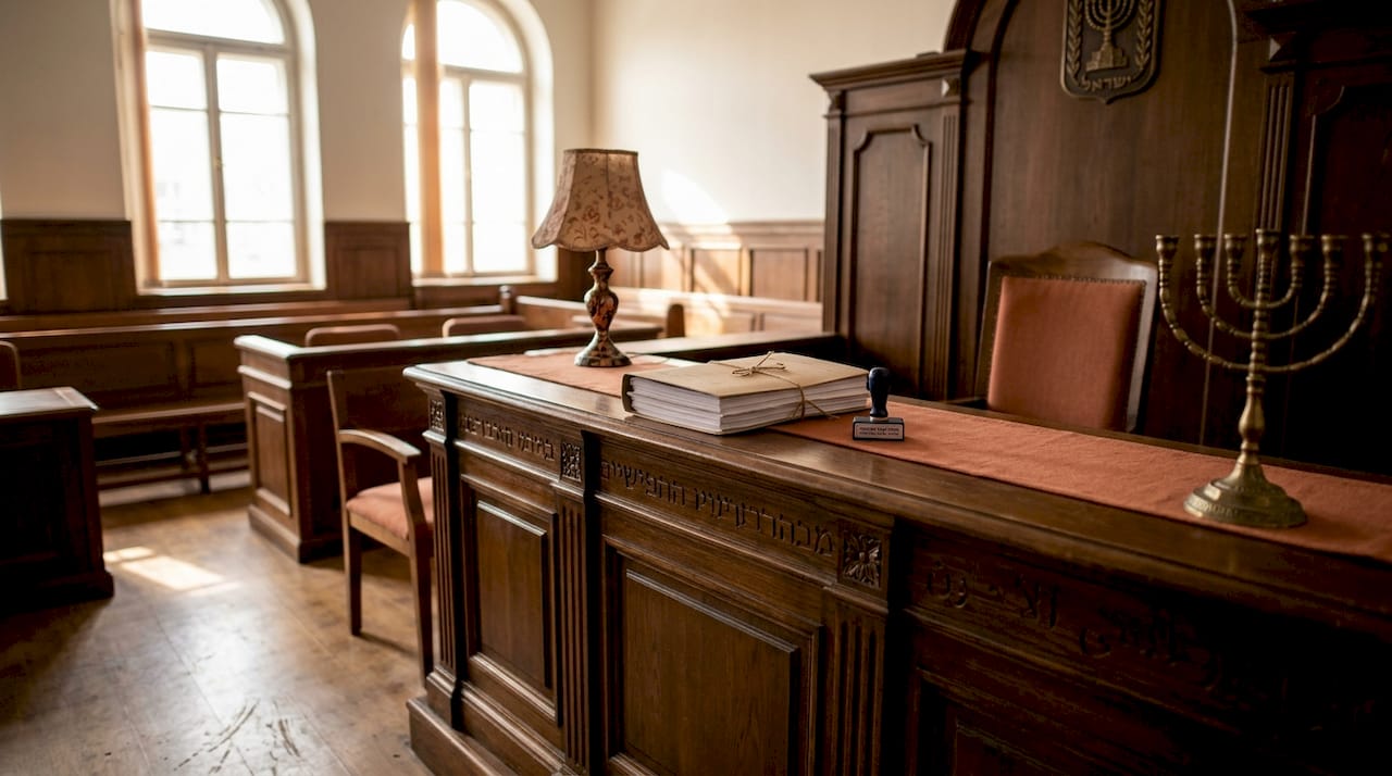 Close-up courtroom bench with legal objects