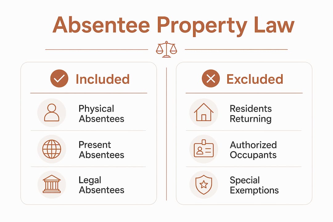 Israeli Absentee Property Law: What You Need to Know 3 Infographic comparing absentee property law inclusion and exclusion categories