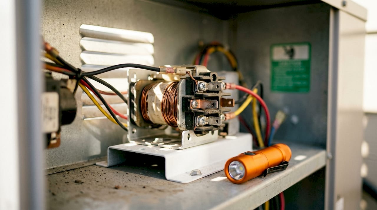 Close-up of HVAC contactor inside condenser unit