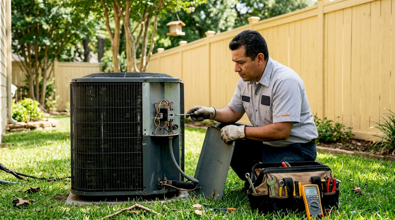 Technician inspecting HVAC contactor in outdoor AC unit