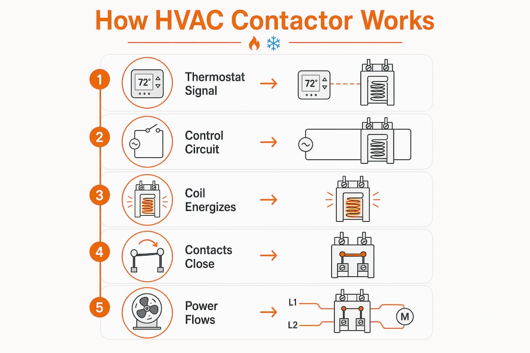 Infographic illustrating HVAC contactor operation steps