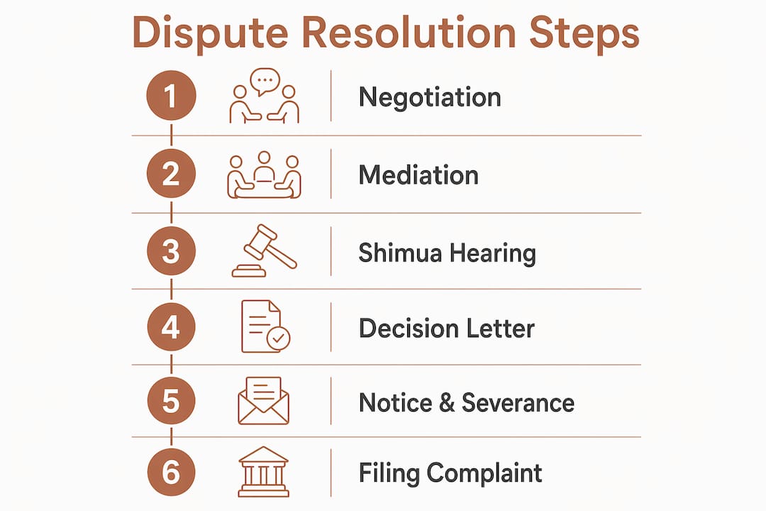 Israeli Employment Dispute Process: A Clear Guide for Workers 3 Infographic showing employment dispute resolution steps