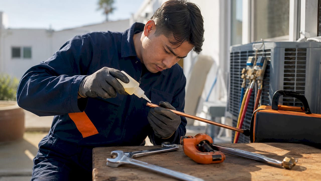 Hands lubricating copper flare fitting with refrigerant oil