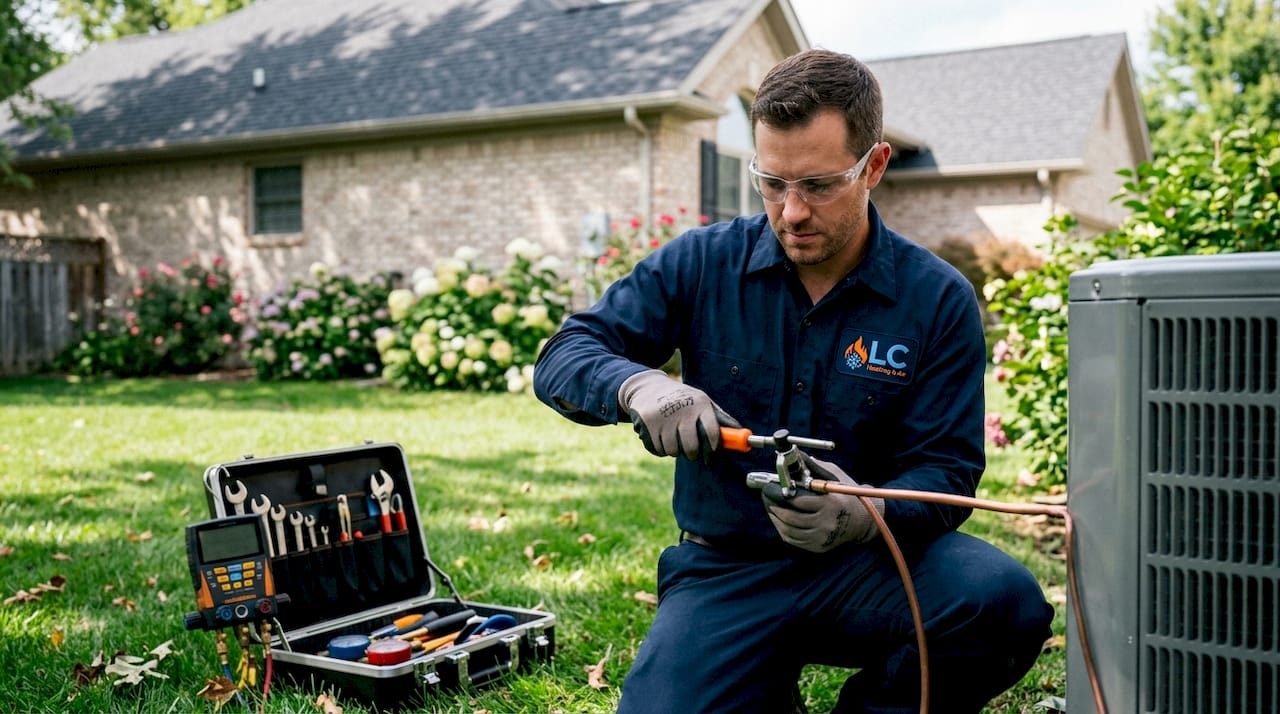 HVAC technician shaping copper flare fitting outdoors