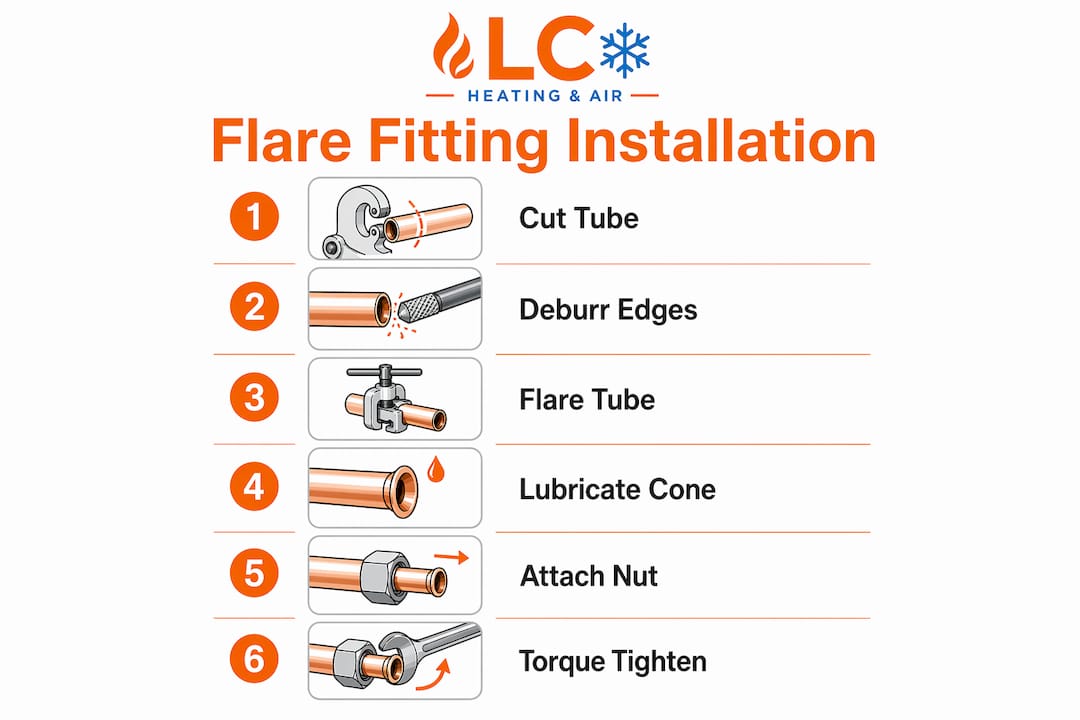 Infographic detailing HVAC flare fitting installation steps