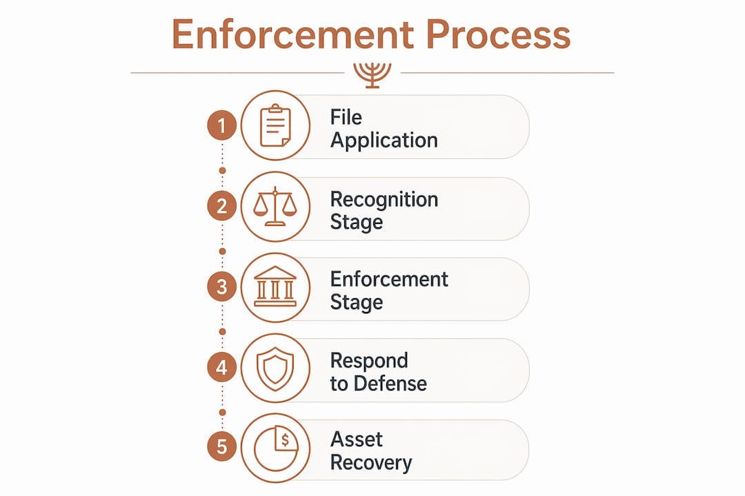 Enforcing an Israeli Court Judgment Abroad: 2026 Guide 3 Infographic showing process steps to enforce judgment abroad