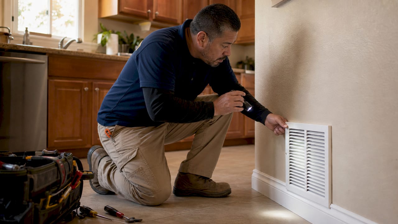 HVAC technician inspecting home return air vent