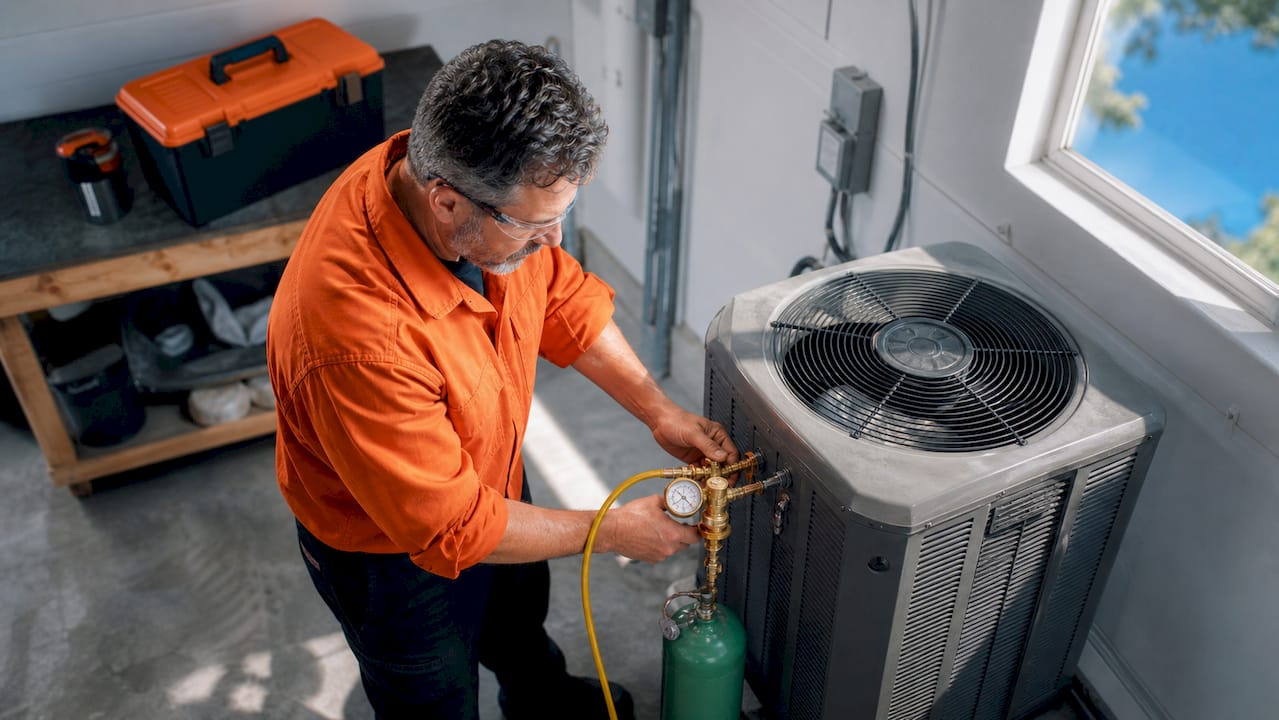 HVAC technician performing nitrogen flush in basement