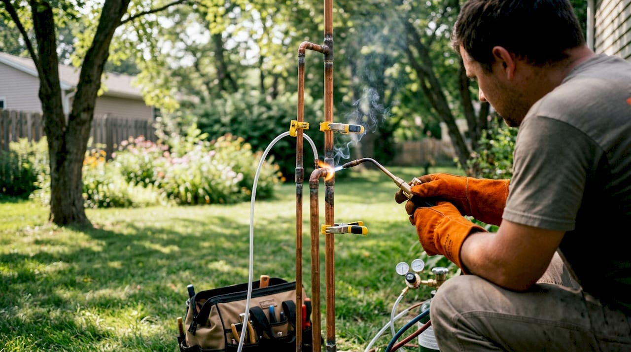 Hands brazing copper pipes with nitrogen purge flow