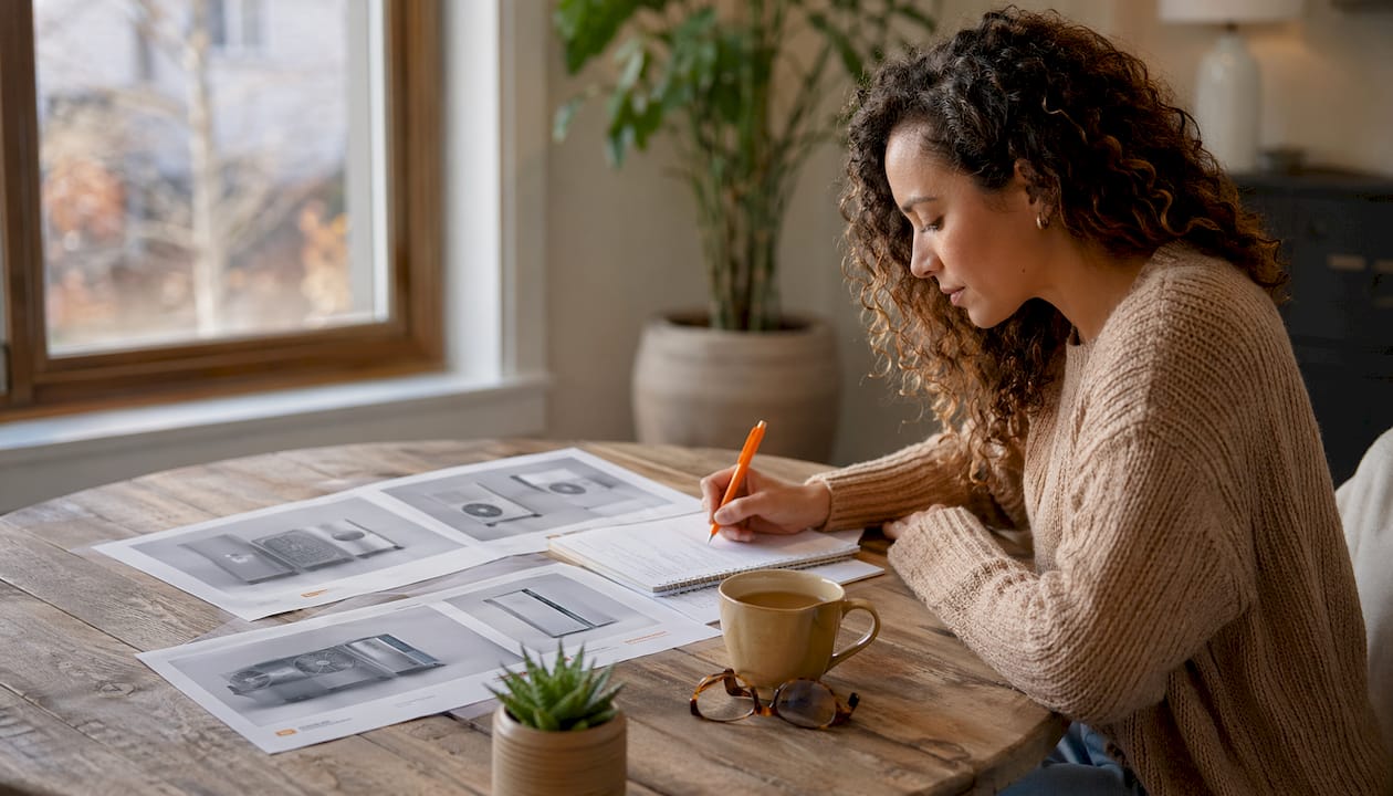 Homebuyer reviewing HVAC system options on table